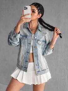 SHEIN EZwear Women's Casual Washed Distressed Denim Jacket - Medium Wash - View 6