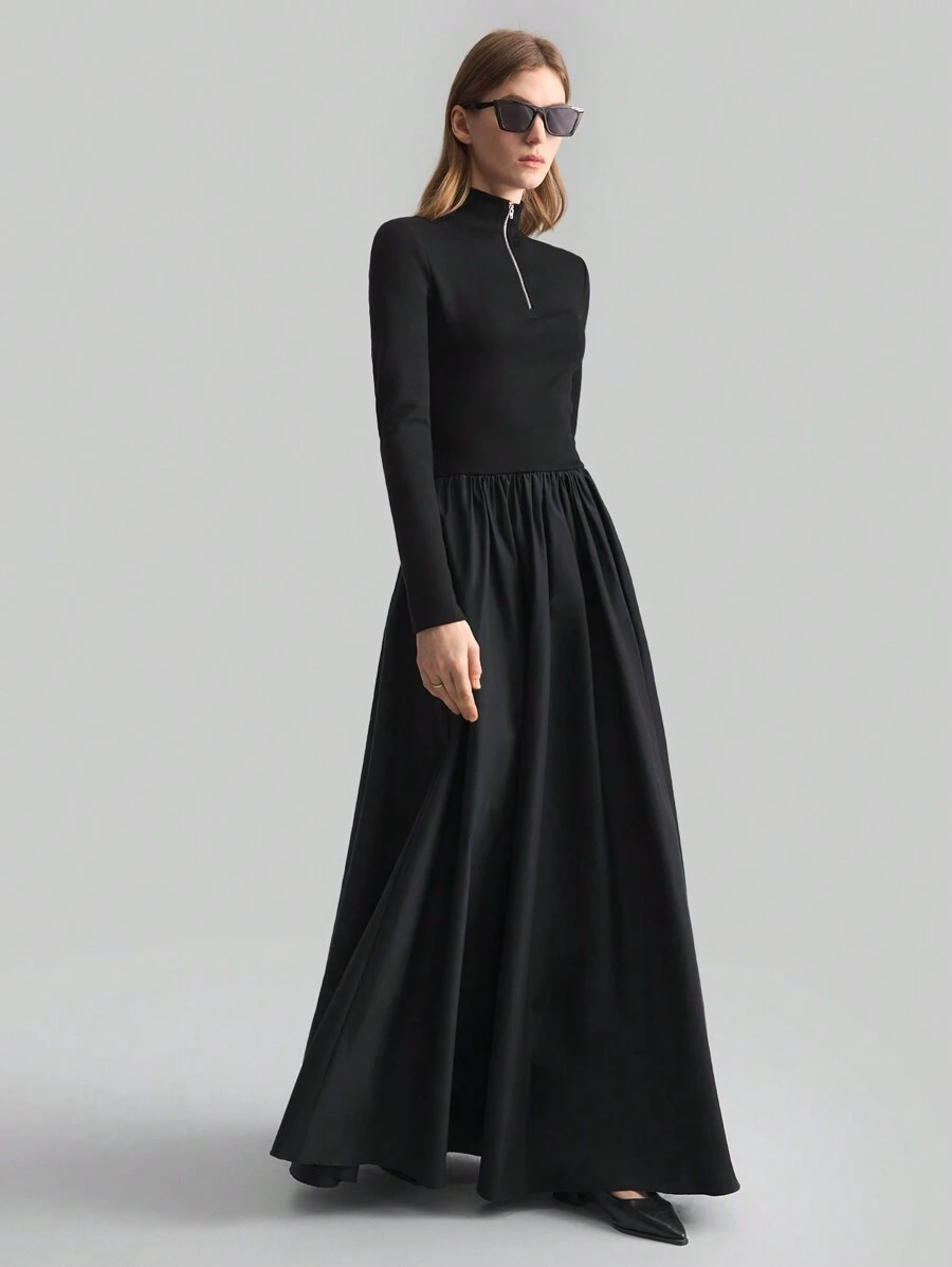 Ontre 现代休闲风格拉链 A 字形黑色长袖修腰连衣裙，春季网眼拼接女式长裙 - 黑色 - 查看 1