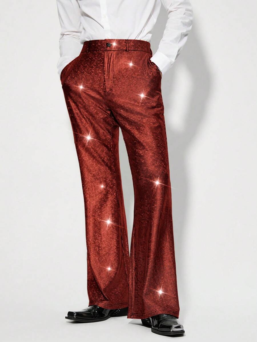 Manfinity RebelGame Men's Front Button Pocket Simple Knit Casual Foil Long Pants - Burgundy - View 1