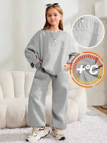 SHEIN Leap Crew 少女宽松休闲字母压纹拼接细节字母图案圆领套头卫衣和运动裤两件套 - 淺灰色 - 查看 4