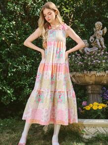 Teen Girl Casual  Ditsy Floral Bowknot Decor Cami  Dress For Vacation - Pink - View 7