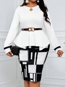 SHEIN Lady 大码女士优雅休闲抽象印花两件套连衣裙套装，适合通勤或休闲 - 黑與白 - 查看 4