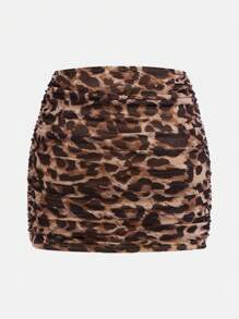 SHEIN Tween Girl Casual Minimalist Comfy Side Lace-Up Leopard Print Short Skirt - Apricot - View 2