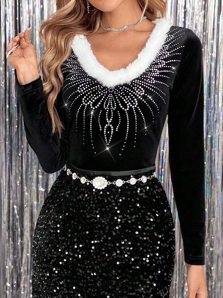 SHEIN Clasi Women's V-Neck Rhinestone Embellished Christmas Feather Graphic Fitted Party T-Shirt - Black and White - View 1