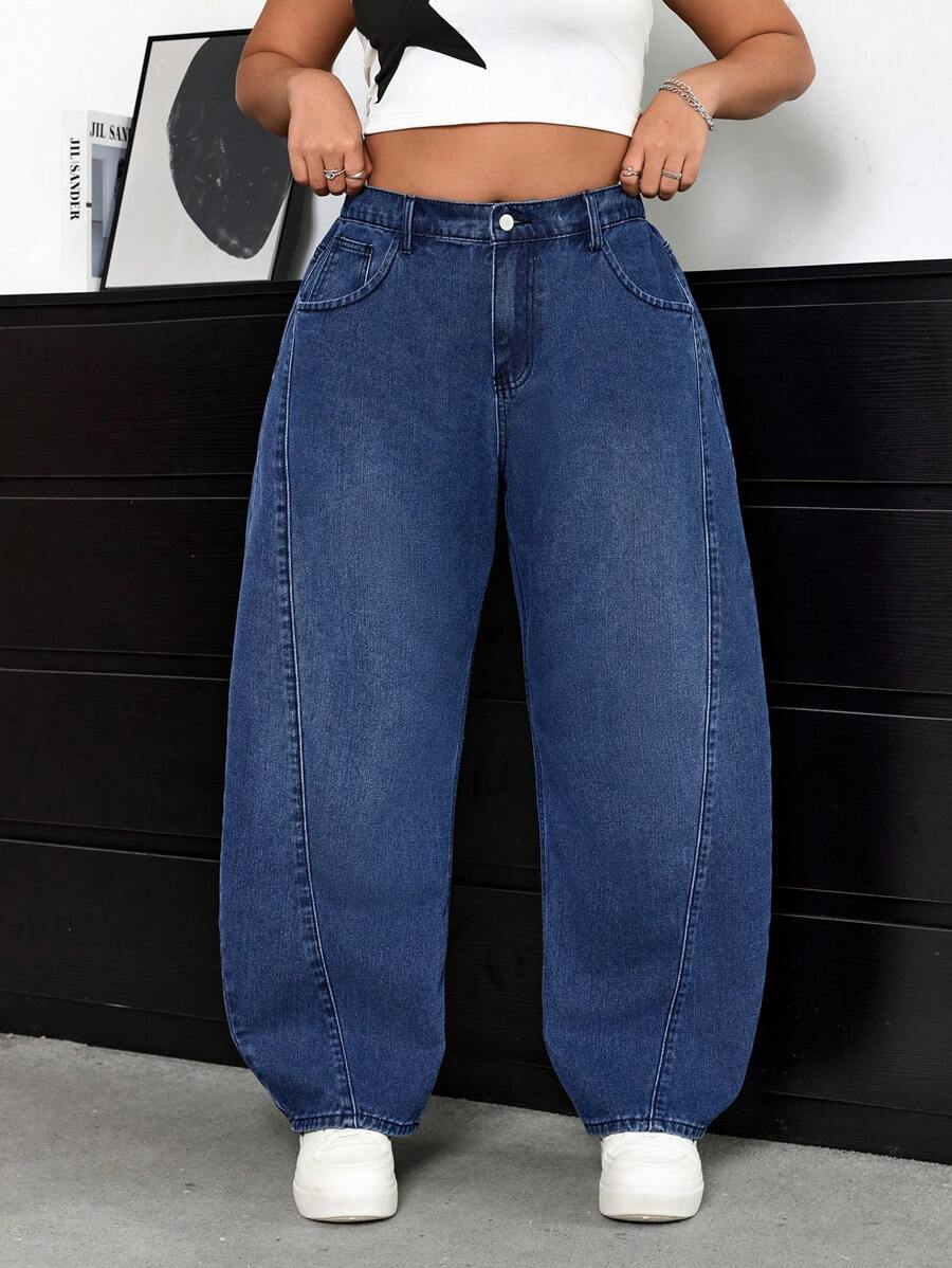 SHEIN ICON Plus Size Casual Daily Wear Straight-Leg Jeans - Blue - View 1