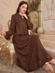 Al Najma Women's Rhinestone Decor Long Sleeve Casual Long Dress,Modest - Khaki - View 4