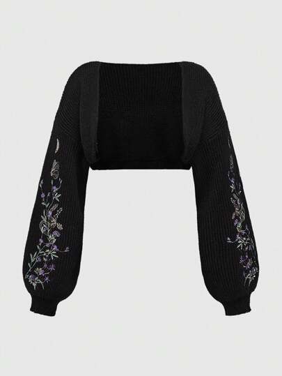 Nature Gothic Plant Embroidered Cropped Vest Cardigan