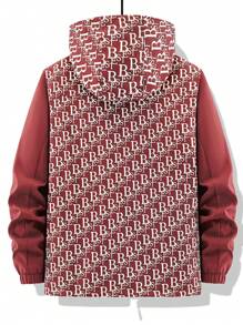 Manfinity Homme Jaket Pria Lengan Panjang Berkerudung dengan Resleting Depan dan Motif Patchwork Warna Polos, Desain Minimalis - Burgundy - View 2