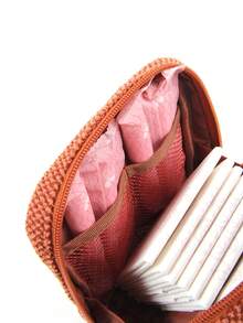 Skewed Studio Artist Best Selling Autumn/Winter Minimalist Red-Brown Plush Small Bear Logo Leather Tag Cosmetics Storage Bag, Sanitary Pad Holder