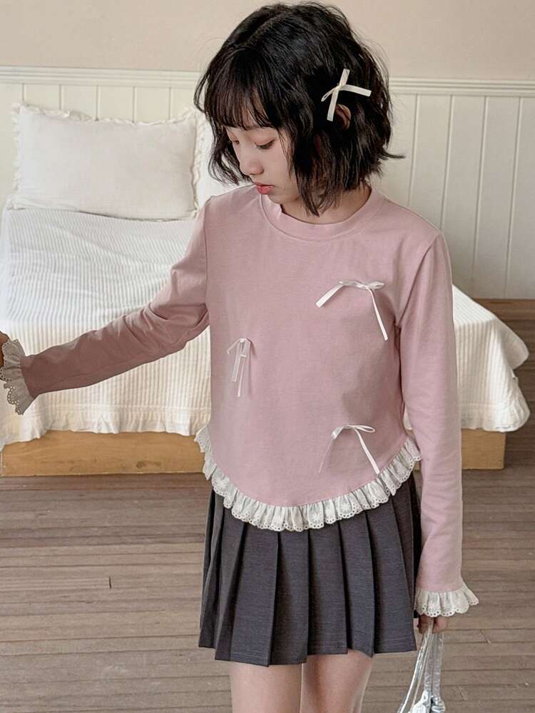 Tween Girls' Casual Contrast Color Ruffle & Bow Decor T-Shirt, Autumn