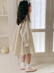 DAZY Young Girl Doll Face Animal Embroidery Striped Long Sleeve Woven Dress, Spring/Summer - Beige - View 6