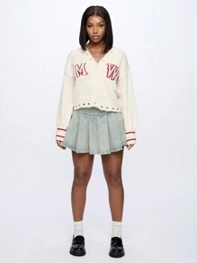 SUMWON WOMEN Collegiate Varsity Style Distressed Cardigan Button Up Sweater Crop Top Fall Winter School Spirit Preppy Knit Autumn Slouchy - Apricot - View 6