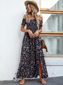 Breezaya 一字肩花卉圖案高開叉連衣裙