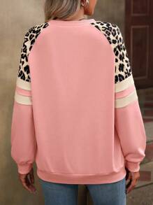 EMERY ROSE Leopard Print Raglan Sleeve Sweatshirt,Ladies Spring/Fall Casual Long Sleeve Round Neck Regular Fit Regular Baby Pink Raglan Sleeve Pullovers Women Hoodies,Long Sleeve Tops Graduation,Back To School Outfits,Graduation,Teacher Outfits For Women,Back To School - Baby Pink - View 2