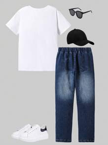 SHEIN 2 pièces Ensemble décontracté pour garçon préadolescent incluant un t-shirt et un jean déchiré, pour le printemps/été