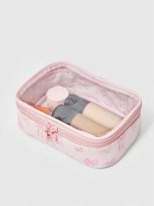 ROMWE Kawaii Cute Butterfly Print Transparent Splicing Makeup Bag, Square Portable Toiletry Organizer Bag, Item NO. 1085369 - Pink - View 2