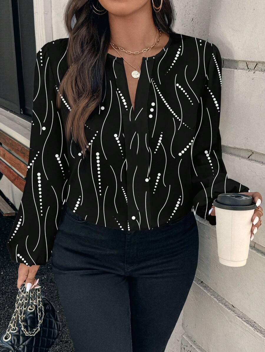 SHEIN Clasi Blusa casual de cuello redondo con estampado de rayas y lunar para mujer de talla grande, primavera y otoño