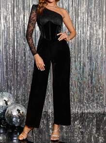 Ellevyn Elegante mono de terciopelo tableado de encaje negro de manga larga y un solo hombro para mujer, adecuado para ocasiones diversas como fiestas y reuniones
