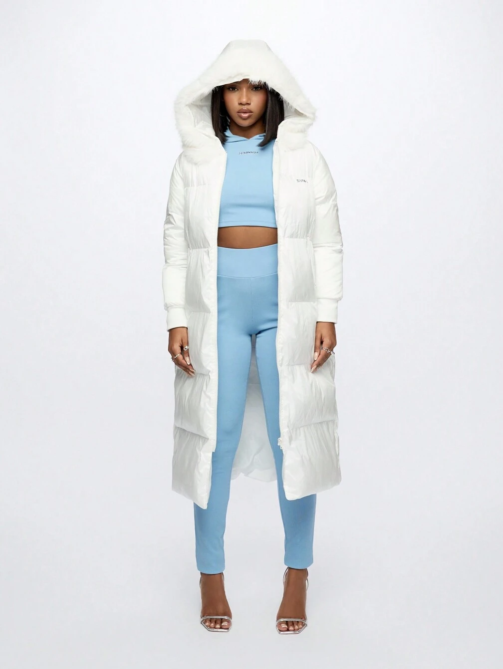 SUMWON WOMEN Long Puffer Winter Coat With Fur Trim Hood Quilted