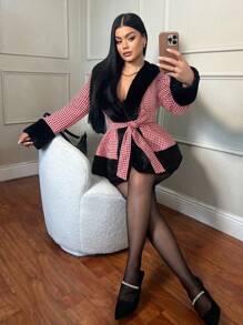 SHEIN SXY 女士千鸟格拼接毛领收腰修身夹克 - 紅色 - 查看 2