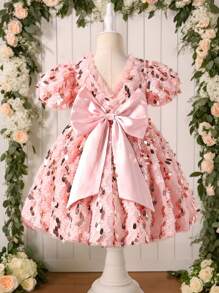 SHEIN Vestido casual de cumpleaños de estilo simple con lazo decorado con lentejuelas para niña - Multicolor - Ver 2