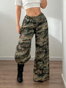 SHEIN ICON 时尚低腰迷彩印花阔腿裤 - 軍綠色 - 查看 2