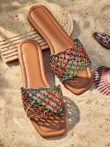 Styleloop 女士时尚金色拼布编织简约波西米亚海滩户外棕色平底凉鞋