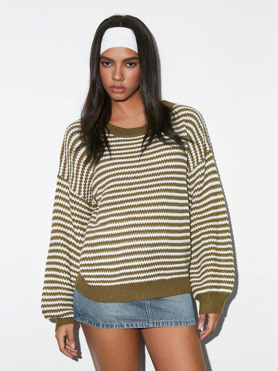 SHEIN Unity 1pc Women's Casual & Versatile Khaki Round Neck Knit Textured Color Block Long Sleeve Sweater, Autumn/Winter Knit Pullover Fall - Khaki - View 1