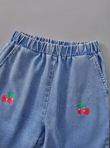 2pcs/Set Teen Girl Fashionable Contrast Color 2 In 1 Red Long Sleeve Top & Cherry Print Jeans Pants Outfit - Red - View 4