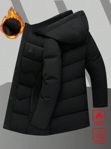 Manfinity Homme Men's Solid Color Front Zipper Long Sleeve Pocket Simple Hooded Winter Jacket - Black - View 3