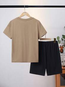 SHEIN Leap Crew 青少年男孩休闲简约宇航员图案短袖圆领短裤睡衣套装，贴身剪裁，夏季 - 彩色 - 查看 2