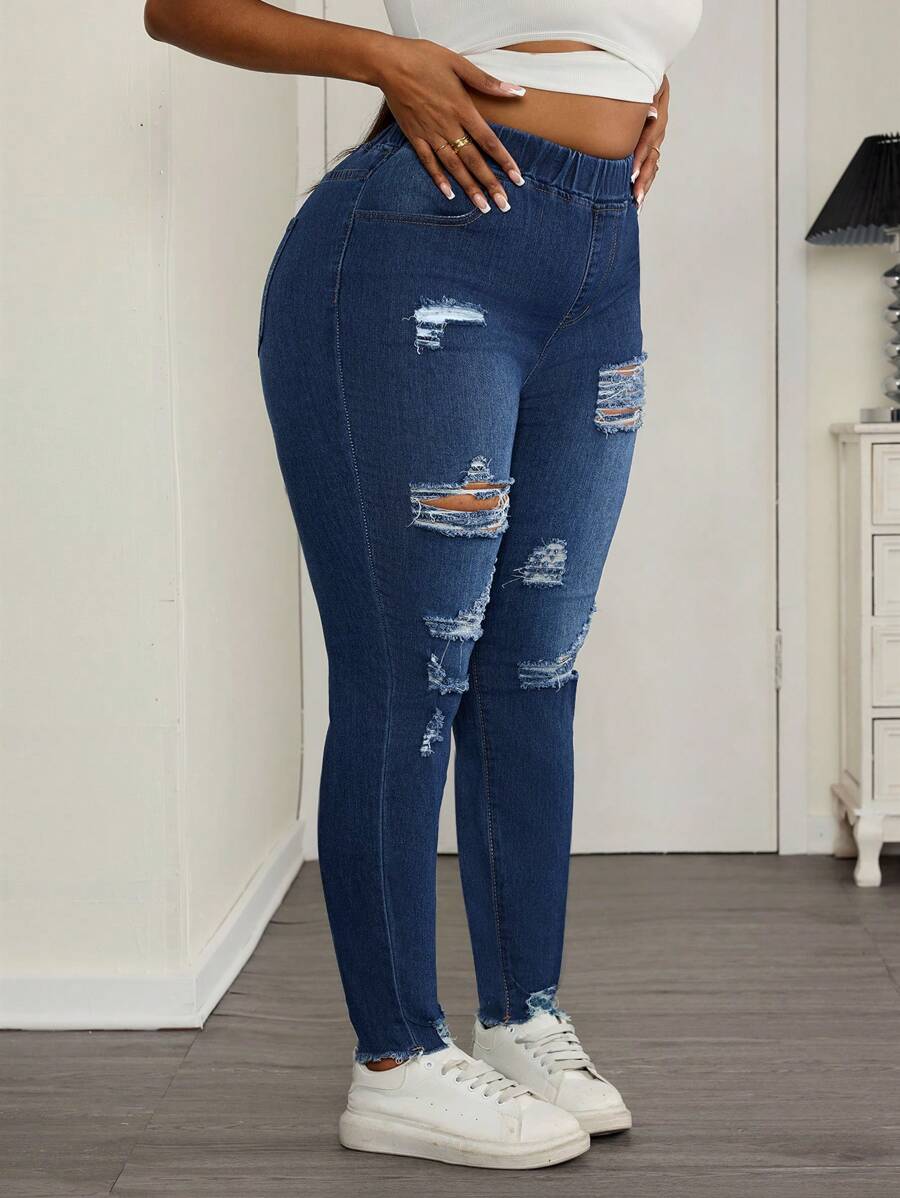 SHEIN SXY Plus Ripped Raw Hem Skinny Jeans - Medium Wash - View 1