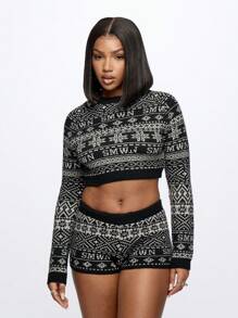 SUMWON WOMEN 费尔岛针织节日图案短款毛衣家居服冬季温暖舒适上衣节日季节针织衫 - 黑與白 - 查看 1