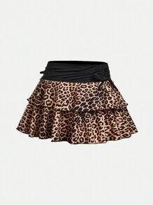 SHEIN Girlism Tween Girls 街头风格豹纹针织抽绳腰部分层下摆裙子，适合居家和外出，Y2K 风格迷你裙