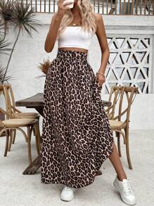 SHEIN PETITE Falda larga de cintura ceñida y estampado de leopardo en corte evasé para mujeres, para otoño/primavera