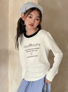 DAZY 青少年女孩休闲圆领长袖标语和心形印花 T 恤，秋季，返校服装 - 白色 - 查看 7