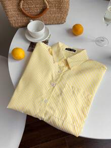 Comfortcana 女士条纹印花简约日常长袖衬衫、长袖上衣 - 黃色 - 查看 6