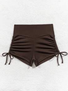 SHEIN Swim Solid Color Drawstring Side Design Bikini Bottoms, Suitable For Beach & Vacation Summer