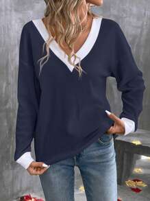 SHEIN LUNE Damska koszulka w jednolitym kolorze z dekoltem w serek i długim rękawem w minimalistycznym stylu, do noszenia na co dzień