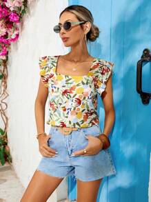 SHEIN VCAY Woven Print Square Neck Cap Sleeve Fitted Oversized Women's Shirt, Summer Clothes, Vacation Outfits Woman, Beach Outfits For Woman, Festival, Romantic And Elegant Clothing, Bohemian, BOHO, Sweet, Rave Outfits Festival, Tropical Vacation Woman Clothes, Carnaval