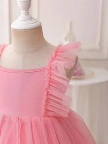 Glamorique Kids 圣诞节女婴派对礼服，新年礼服，针织盖袖女婴西瓜粉色薄纱泡泡纱舞会礼服，适合生日、舞台表演、中东日常穿着 - 西瓜粉 - 查看 5