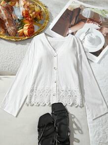 SHEIN VCAY Áo len cardigan hở vai họa tiết hoa ren thường ngày cho nữ, mùa thu/đông - Màu be - Xem 2
