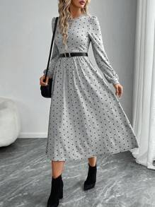 EMERY ROSE Women's Round Neck All-Over Print Casual Mid-Length Dress Long Sleeve Dress Dresses For Women Elegant
