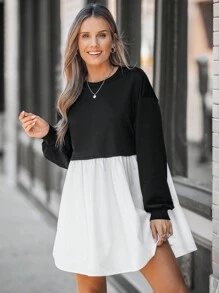 SHEIN LUNE Sudadera con capucha holgada de patchwork blanco y negro casual para mujer