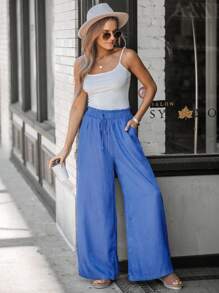 SHEIN LUNE Calça jeans feminina de cintura alta e perna larga, azul marinho - Azul - Ver 5