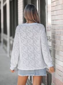 SHEIN LUNE 女士蕾丝弹性针织宽松长袖休闲 T 恤 - 白色 - 查看 6