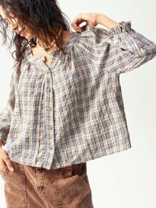 Bohemela 休闲编织格子 V 领宽松 3/4 袖女式衬衫 - 藍色 - 查看 1