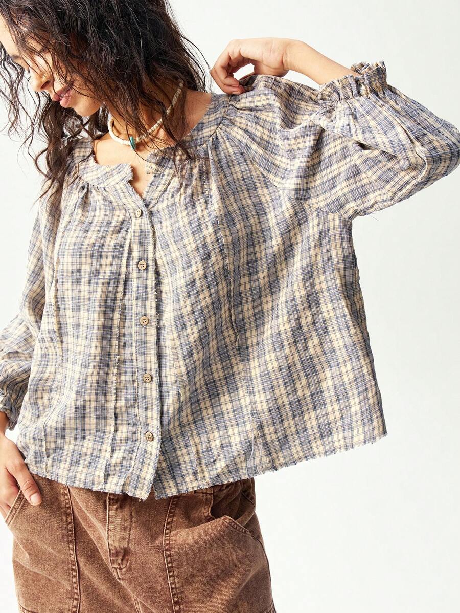 Bohemela 休闲编织格子 V 领宽松 3/4 袖女式衬衫 - 藍色 - 查看 1