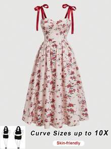 SHEIN CURVE+ 加大码/情人节/大码女士浪漫印花吊带系带夏季长裙，夏季女装，布里奇顿风格连衣裙，印花连衣裙，后背松紧带设计，情人节 - 彩色 - 查看 1