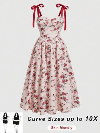 SHEIN CURVE+ CURVE PLUS /Valentine's Day/Plus Size Women's Romantic Printed Shoulder Strap Tied Summer Long Dress, Summer Women's Dress, Bridgeton Style Dress, Printed Dress, With Elastic Back,Valentine's Day